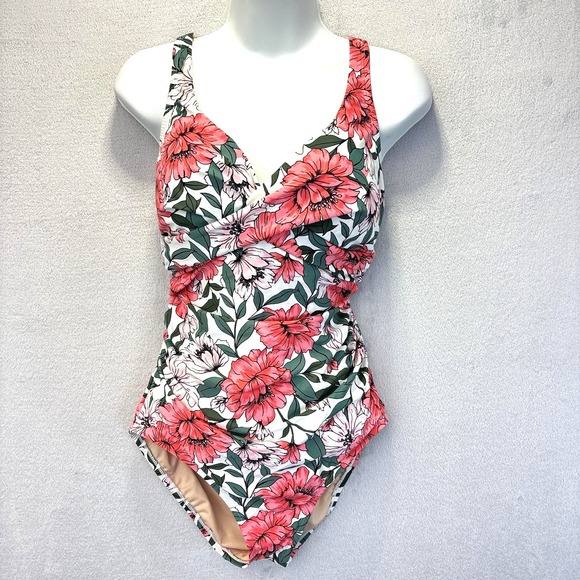 Kona Sol Other - Women's One Piece Ruched Swimsuit Large Floral Tank Built-In Bra Lined Feminine